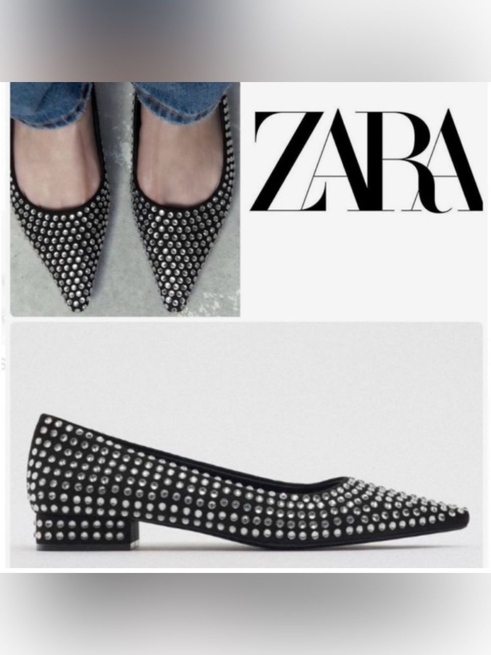 Zara Rhinestones Crystals Studded Black Pointy Ballet Flats Shoes Sz 38 NEW